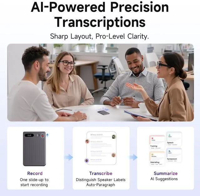 Alt view image 3 of 7 - AI Voice Recorder, 64GB Audio Note Recorder  73H Battery, USB-C Fast Charge, Magnetic Clip, 118-Language Transcription, AI Noise Cancellation, App Control, for Lectures, Meetings, Calls- Gray
