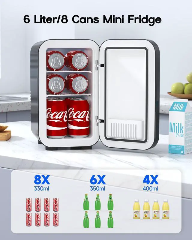Alt view image 2 of 7 - Mini Fridge,6 Liter / 8 Can Small Fridge for Bedroom, Car, Office & Dorm, AC100-120 V/DC 12 V Portable Thermoelectric Cooler & Warmer for Skincare, Food, Drinks,Black