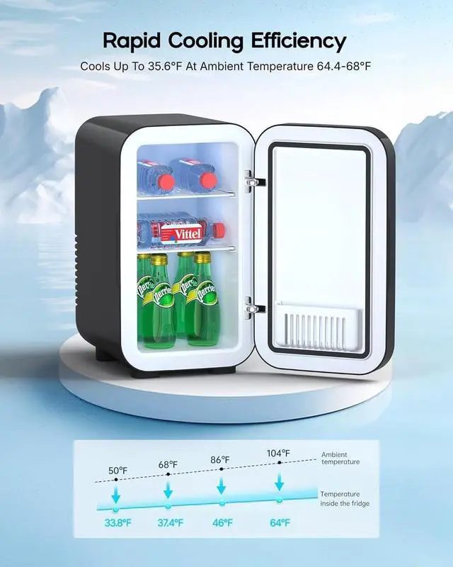 Alt view image 4 of 7 - Mini Fridge,6 Liter / 8 Can Small Fridge for Bedroom, Car, Office & Dorm, AC100-120 V/DC 12 V Portable Thermoelectric Cooler & Warmer for Skincare, Food, Drinks,Black