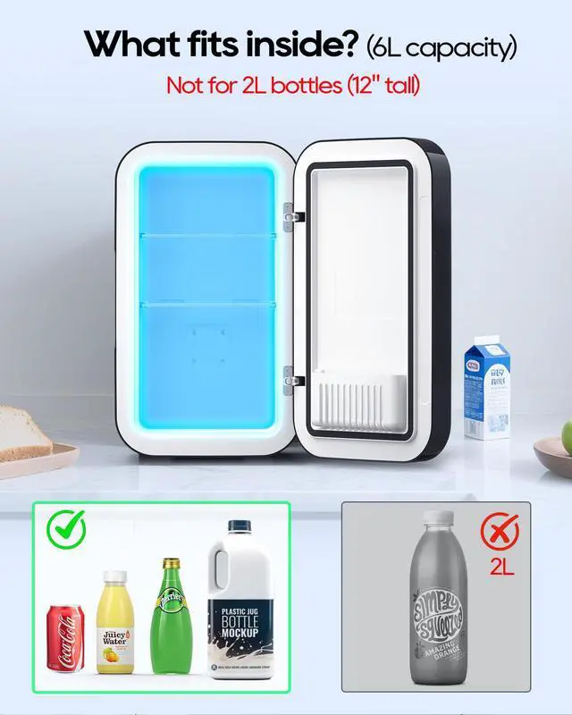 Alt view image 5 of 7 - Mini Fridge,6 Liter / 8 Can Small Fridge for Bedroom, Car, Office & Dorm, AC100-120 V/DC 12 V Portable Thermoelectric Cooler & Warmer for Skincare, Food, Drinks,Black