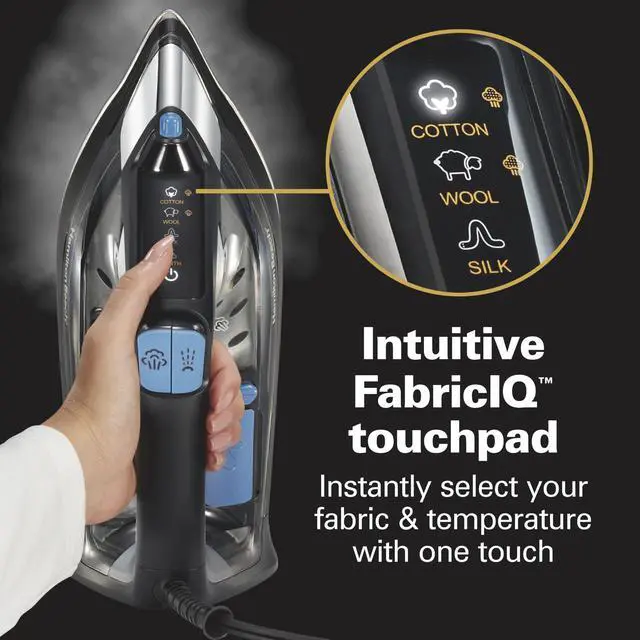 Alt view image 2 of 7 - Steam Iron for Clothes & Garment Steamer with Intuitive FabricIQ Touchpad, Durable Stainless Steel Soleplate, 3-Way Auto Shutoff, 1800 Watts, 350ml Water Tank, 10' Cord, Black (14950)