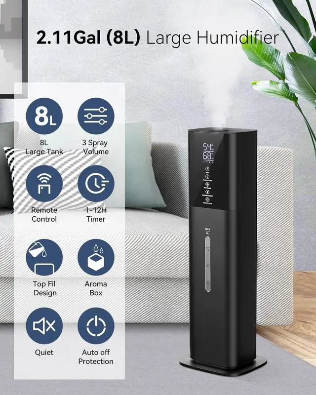 Alt view image 2 of 7 - Humidifiers for Bedroom, 2.11Gal 8L Quiet Humidifiers for Large Room with Timer, 360°Nozzle, 3 Speed Ultrasonic Cool Mist Humidifier with Humidistat for Baby Home Adults Plants