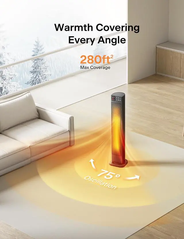 Alt view image 5 of 7 - 30 Ceramic Tower Space Heater with Adjustable Thermostat for Large Room, 75° Oscillation, Remote Control & 12H Timer, Tip-Over Switch & Overheating Protection, 1500W, PHF15RSAPH30, Black
