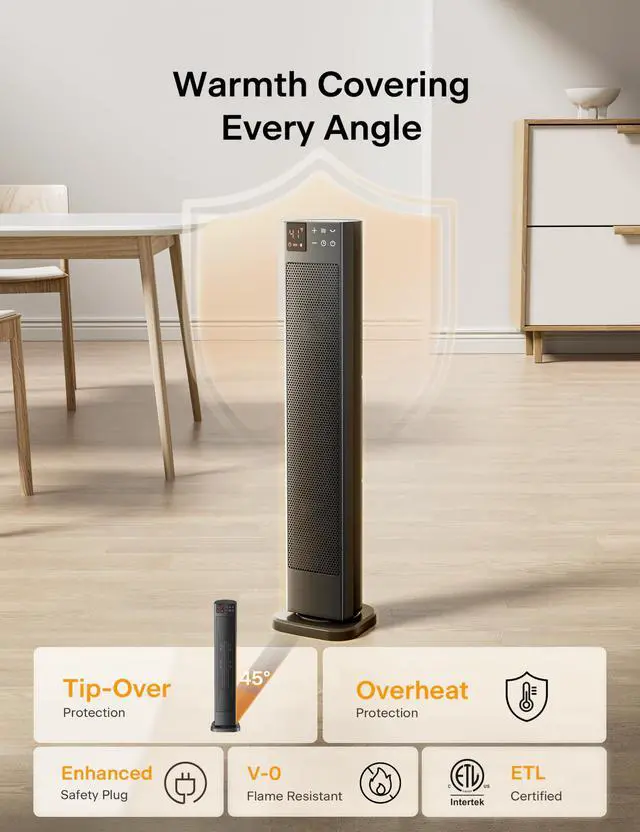 Alt view image 6 of 7 - 30 Ceramic Tower Space Heater with Adjustable Thermostat for Large Room, 75° Oscillation, Remote Control & 12H Timer, Tip-Over Switch & Overheating Protection, 1500W, PHF15RSAPH30, Black