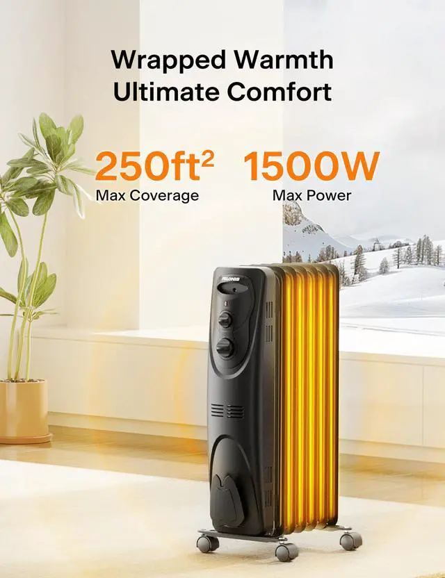 Alt view image 2 of 7 - PHO15A2AGB, Basic Electric Oil Filled Radiator,black space heater, 26.10 x 14.20 x 11.00