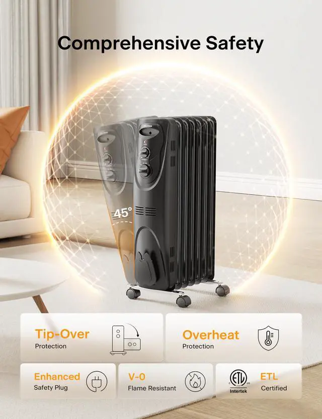 Alt view image 4 of 7 - PHO15A2AGB, Basic Electric Oil Filled Radiator,black space heater, 26.10 x 14.20 x 11.00