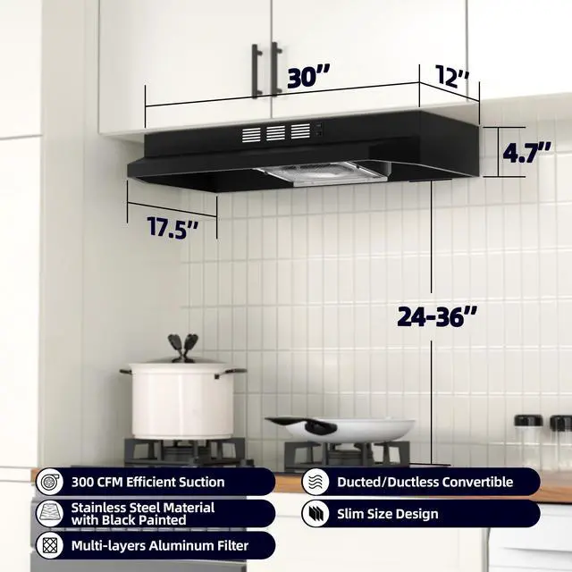 Alt view image 2 of 7 - Black Range Hood 30 inch Under Cabinet, Ducted/Ductless Convertible Kitchen Hood, Stainless Steel Stove Vent Hood with 2 Speed Exhaust Fan, Rocker Button Control, 300 CFM Powerful Suction