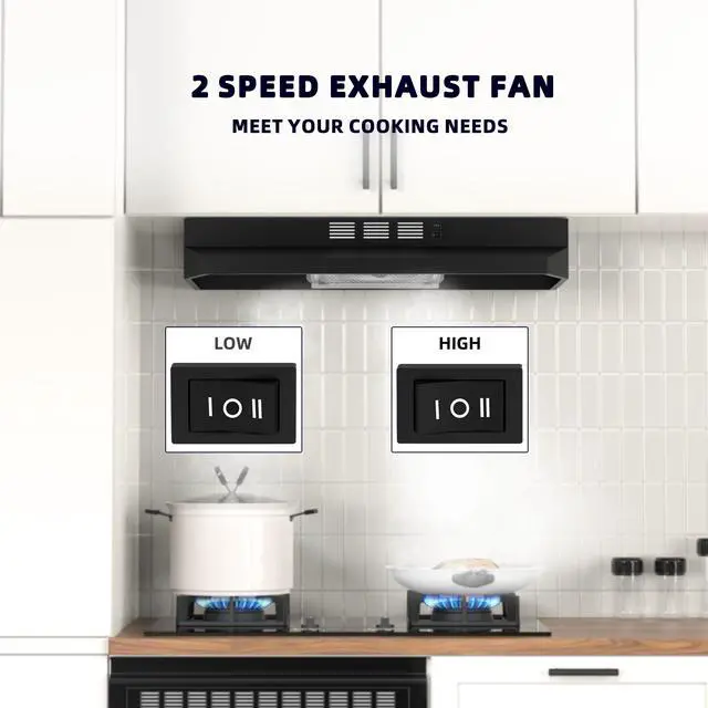 Alt view image 3 of 7 - Black Range Hood 30 inch Under Cabinet, Ducted/Ductless Convertible Kitchen Hood, Stainless Steel Stove Vent Hood with 2 Speed Exhaust Fan, Rocker Button Control, 300 CFM Powerful Suction