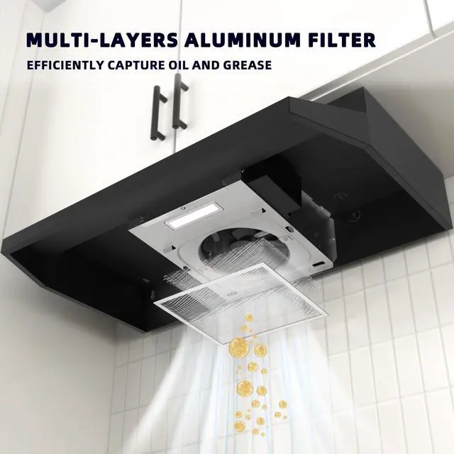 Alt view image 4 of 7 - Black Range Hood 30 inch Under Cabinet, Ducted/Ductless Convertible Kitchen Hood, Stainless Steel Stove Vent Hood with 2 Speed Exhaust Fan, Rocker Button Control, 300 CFM Powerful Suction