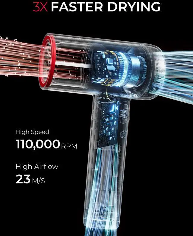 Alt view image 2 of 7 - Ionic Hair Dryer for Women, Professional Blow Dryer with 110000 RPM Brushless Motor for Fast Drying, Travel Lightweight AIRHYPE Lite Hairdryer, Low Noise, 4 Temps & 3 Speeds for Man, Silver