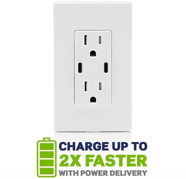 Alt view image 3 of 7 - 60W (6A) USB Dual Type-C/C Power Delivery in-Wall Charger with 15A Tamper-Resistant Outlet, USB Charger for Smartphones, Tablets, Laptops, T5636-W, White