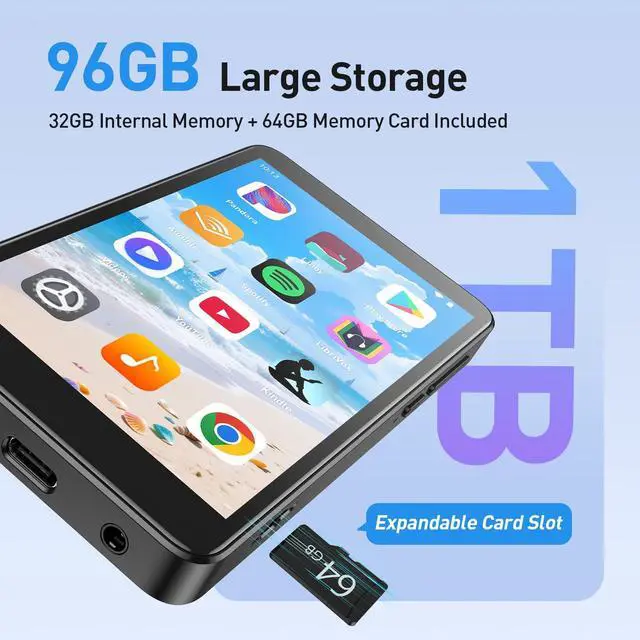 Alt view image 3 of 7 - 96GB MP3 Player with Bluetooth and WiFi, T08X 4'' Android 14 MP4 Music Player with Spotify, Audible, APP Store, Up to 1TB, Black