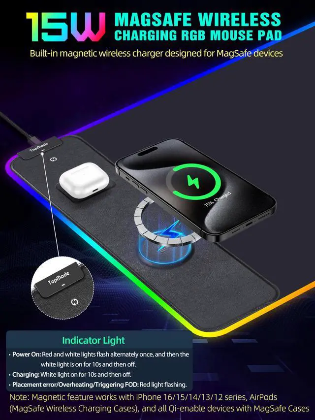 Alt view image 2 of 7 - Wireless Charging RGB Mouse Pad, Waterproof Gaming Desk Mat with 4 Light Modes & 11 RGB Colors, 31.5"x15.75" XXL Large Desk Pad(Includes 20W PD Power Adapter & 6.56ft Woven Cable)