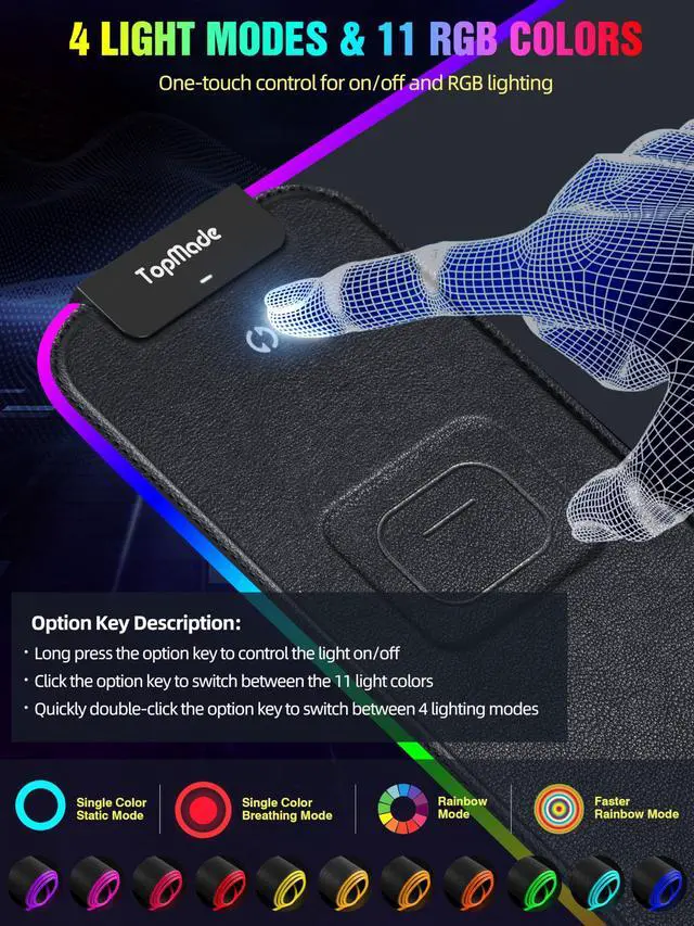 Alt view image 3 of 7 - Wireless Charging RGB Mouse Pad, Waterproof Gaming Desk Mat with 4 Light Modes & 11 RGB Colors, 31.5"x15.75" XXL Large Desk Pad(Includes 20W PD Power Adapter & 6.56ft Woven Cable)