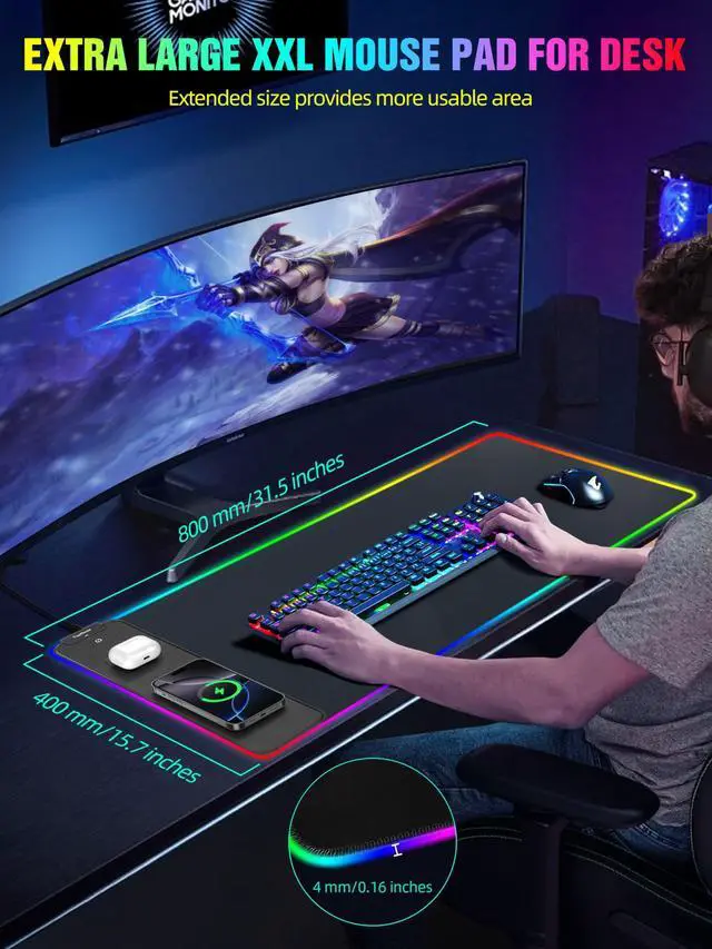 Alt view image 6 of 7 - Wireless Charging RGB Mouse Pad, Waterproof Gaming Desk Mat with 4 Light Modes & 11 RGB Colors, 31.5"x15.75" XXL Large Desk Pad(Includes 20W PD Power Adapter & 6.56ft Woven Cable)