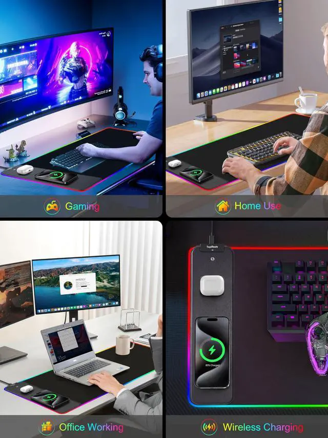 Alt view image 7 of 7 - Wireless Charging RGB Mouse Pad, Waterproof Gaming Desk Mat with 4 Light Modes & 11 RGB Colors, 31.5"x15.75" XXL Large Desk Pad(Includes 20W PD Power Adapter & 6.56ft Woven Cable)