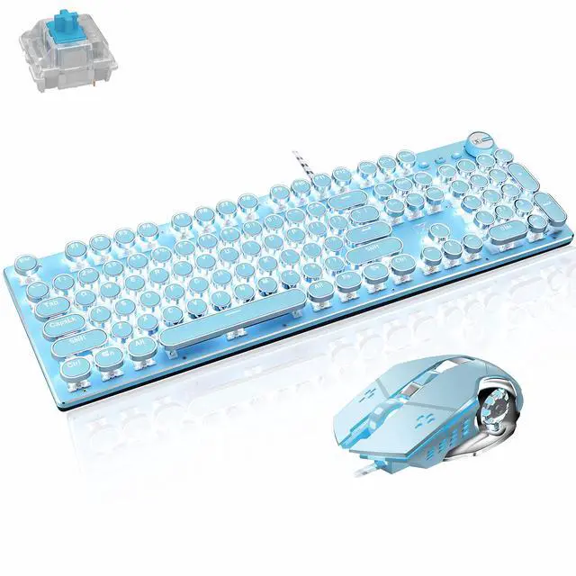 Main image of Mechanical Gaming Keyboard and Mouse Combo, Retro Steampunk Vintage Typewriter-Style Keyboard with LED Backlit, 104-Key Anti-Ghosting Blue Switch Wired USB Metal Panel Round Keycaps, Blue
