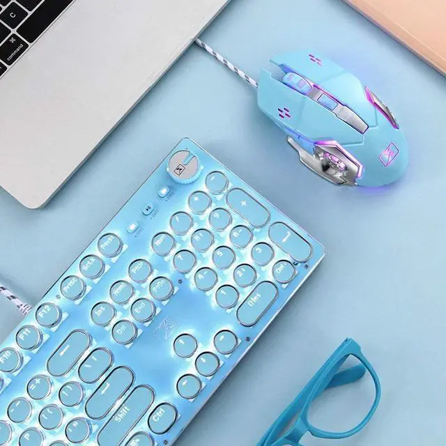 Alt view image 5 of 6 - Mechanical Gaming Keyboard and Mouse Combo, Retro Steampunk Vintage Typewriter-Style Keyboard with LED Backlit, 104-Key Anti-Ghosting Blue Switch Wired USB Metal Panel Round Keycaps, Blue