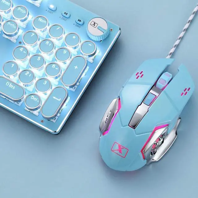 Alt view image 6 of 6 - Mechanical Gaming Keyboard and Mouse Combo, Retro Steampunk Vintage Typewriter-Style Keyboard with LED Backlit, 104-Key Anti-Ghosting Blue Switch Wired USB Metal Panel Round Keycaps, Blue