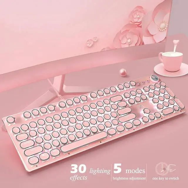 Alt view image 2 of 6 - Mechanical Gaming Keyboard and Mouse Combo, Retro Steampunk Vintage Typewriter-Style Keyboard with LED Backlit, 104-Key Anti-Ghosting Blue Switch Wired USB Metal Panel Round Keycaps, Pink