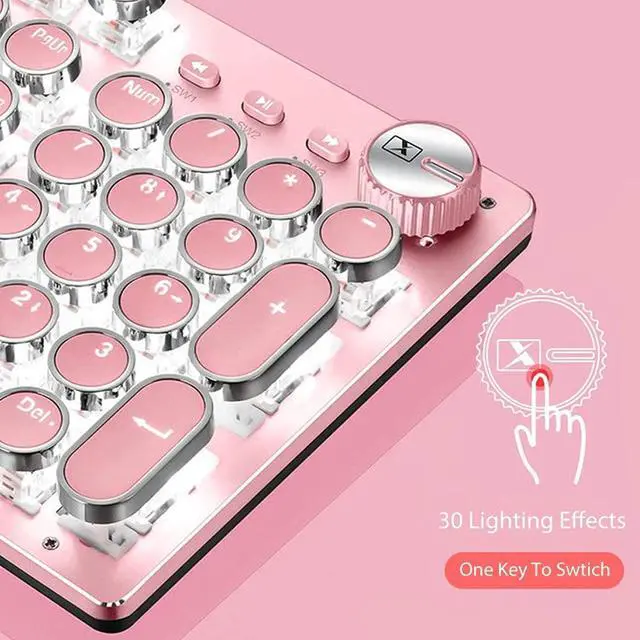 Alt view image 3 of 6 - Mechanical Gaming Keyboard and Mouse Combo, Retro Steampunk Vintage Typewriter-Style Keyboard with LED Backlit, 104-Key Anti-Ghosting Blue Switch Wired USB Metal Panel Round Keycaps, Pink