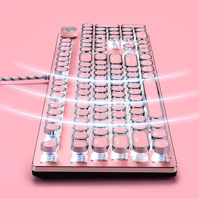 Alt view image 5 of 6 - Mechanical Gaming Keyboard and Mouse Combo, Retro Steampunk Vintage Typewriter-Style Keyboard with LED Backlit, 104-Key Anti-Ghosting Blue Switch Wired USB Metal Panel Round Keycaps, Pink