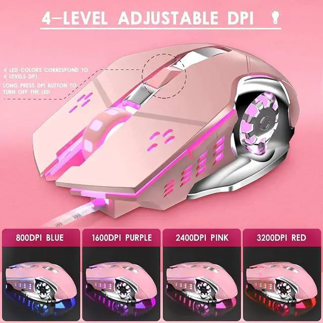 Alt view image 6 of 6 - Mechanical Gaming Keyboard and Mouse Combo, Retro Steampunk Vintage Typewriter-Style Keyboard with LED Backlit, 104-Key Anti-Ghosting Blue Switch Wired USB Metal Panel Round Keycaps, Pink