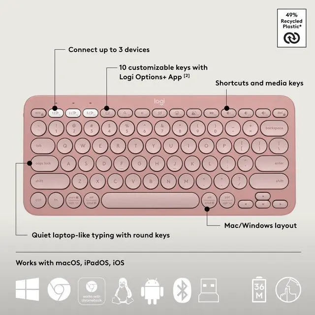 Alt view image 6 of 7 - Pebble 2 Combo, Wireless Keyboard and Mouse, Quiet and Portable, Customizable, Logi Bolt, Bluetooth, Easy-Switch for Windows, macOS, iPadOS, Chrome - Tonal Rose