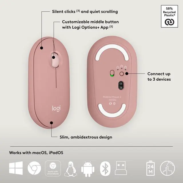 Alt view image 7 of 7 - Pebble 2 Combo, Wireless Keyboard and Mouse, Quiet and Portable, Customizable, Logi Bolt, Bluetooth, Easy-Switch for Windows, macOS, iPadOS, Chrome - Tonal Rose