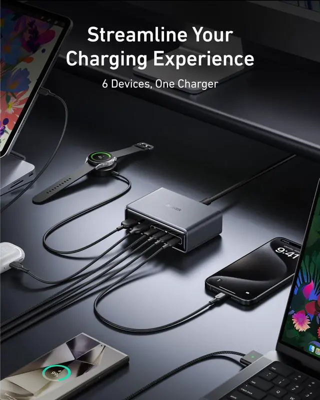 Alt view image 3 of 5 - Prime Charger, 200W 6-Port GaN Charging Station, USB-C PD Fast Charging Desktop Charger, Compatible with iPhone, Samsung, MacBook, Dell and More