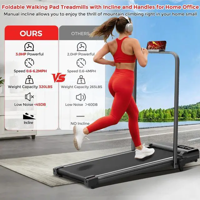 Alt view image 2 of 7 - Compact Walking Pad with Handle Bar and Incline, 3.0HP Portable Walking Pads Treadmills with Handles for Home Small, 0.6-6.2MPH Electric Small Under The DeskTreadmill for Small Spaces, 320LB Capacity