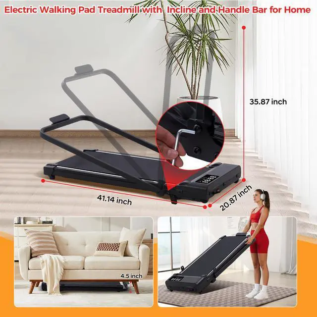 Alt view image 5 of 7 - Compact Walking Pad with Handle Bar and Incline, 3.0HP Portable Walking Pads Treadmills with Handles for Home Small, 0.6-6.2MPH Electric Small Under The DeskTreadmill for Small Spaces, 320LB Capacity
