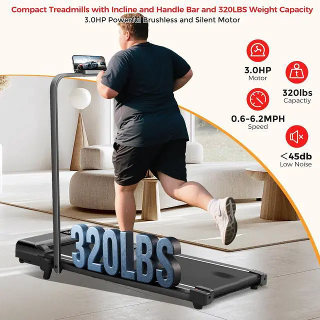Alt view image 6 of 7 - Compact Walking Pad with Handle Bar and Incline, 3.0HP Portable Walking Pads Treadmills with Handles for Home Small, 0.6-6.2MPH Electric Small Under The DeskTreadmill for Small Spaces, 320LB Capacity