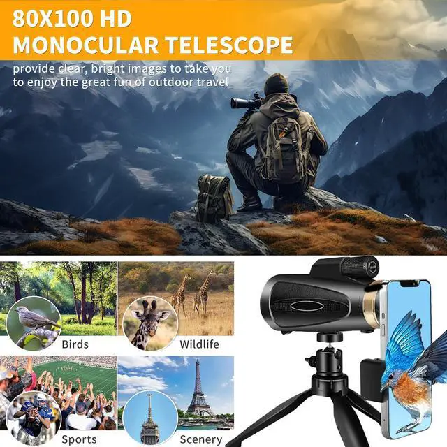 Alt view image 4 of 7 - Monocular Telescope 80x100 HD Monoculars for Adults with Tripod & Phone Adapter, Monoculars for Stargazing Camping HikingTravel-Black