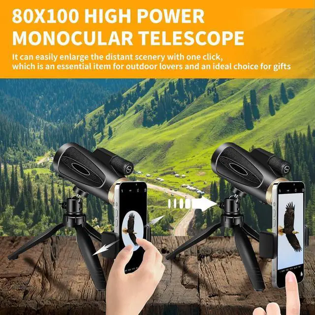 Alt view image 7 of 7 - Monocular Telescope 80x100 HD Monoculars for Adults with Tripod & Phone Adapter, Monoculars for Stargazing Camping HikingTravel-Black