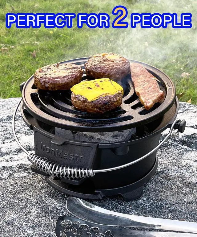 Alt view image 3 of 6 - Hibachi Grill, 100% Cast Iron, Tabletop Small Portable Charcoal Grill for Outdoor Camping - 2 Heights, Air Control, Coal Door, Ideal for 2 People