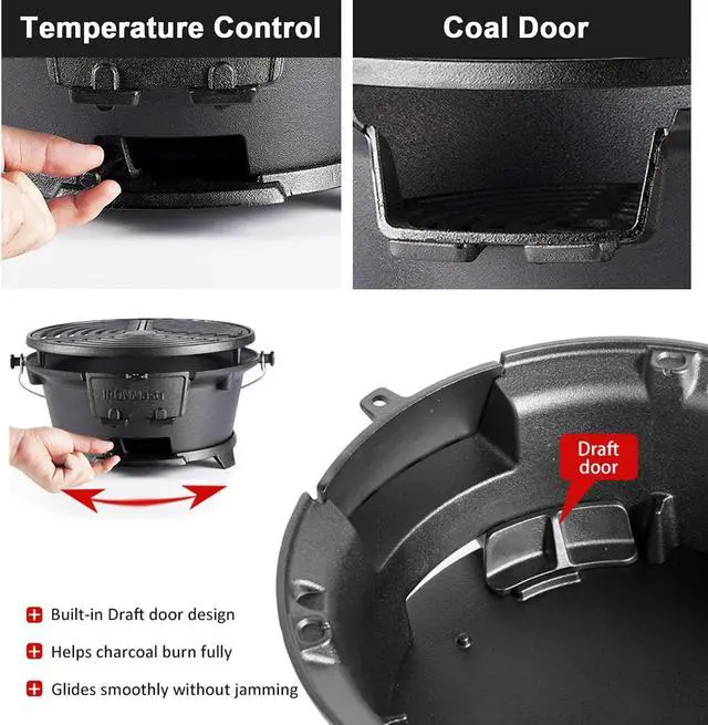Alt view image 4 of 6 - Hibachi Grill, 100% Cast Iron, Tabletop Small Portable Charcoal Grill for Outdoor Camping - 2 Heights, Air Control, Coal Door, Ideal for 2 People