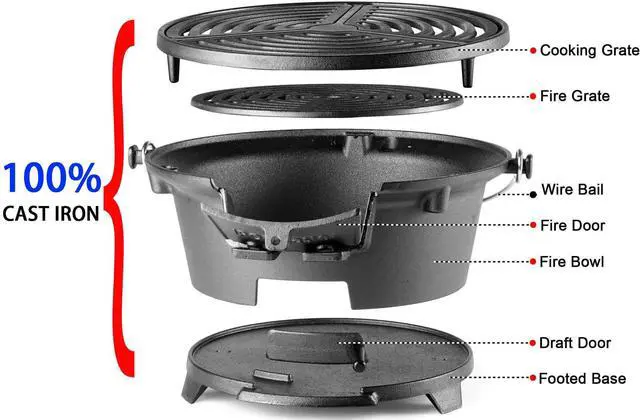 Alt view image 5 of 6 - Hibachi Grill, 100% Cast Iron, Tabletop Small Portable Charcoal Grill for Outdoor Camping - 2 Heights, Air Control, Coal Door, Ideal for 2 People