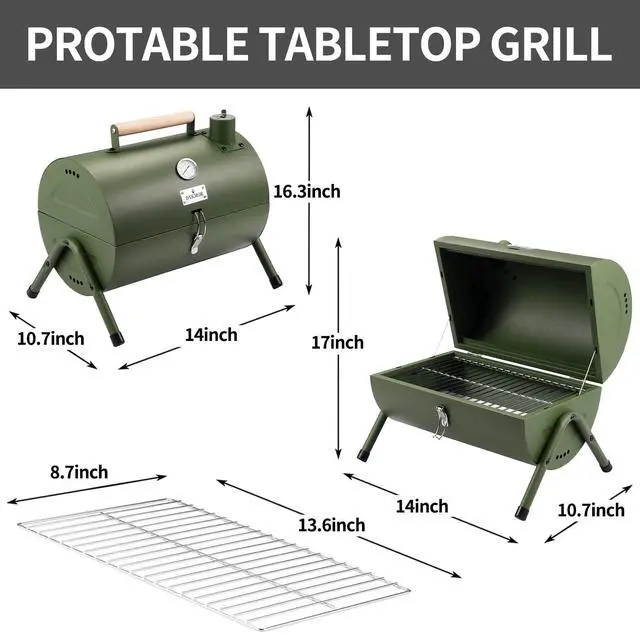 Alt view image 5 of 6 - Portable Charcoal Grill, Tabletop Outdoor Barbecue Smoker, Small BBQ Grill for Outdoor Cooking Backyard Camping Picnics Beach by GREEN