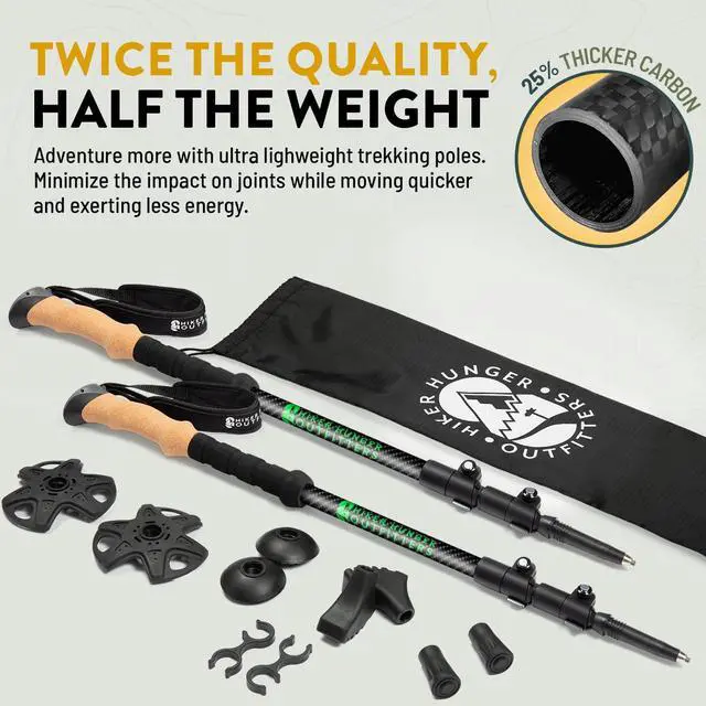 Alt view image 2 of 7 - Hiker Hunger Carbon Fiber Trekking Poles | Collapsible Walking Sticks for Travel | Walking Poles for Women | Hiking Poles for Men | Hiking Sticks | Walking Stick - 3k Black & Green Cork