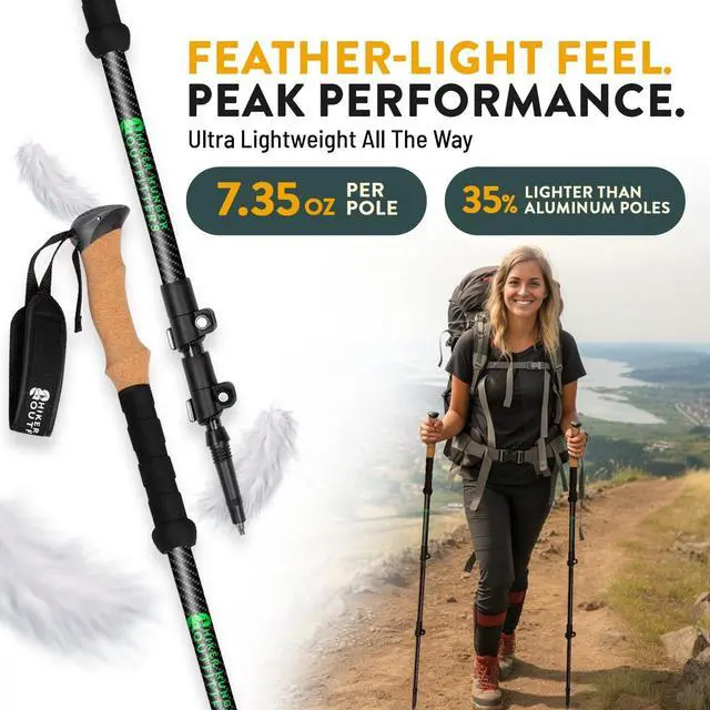 Alt view image 5 of 7 - Hiker Hunger Carbon Fiber Trekking Poles | Collapsible Walking Sticks for Travel | Walking Poles for Women | Hiking Poles for Men | Hiking Sticks | Walking Stick - 3k Black & Green Cork