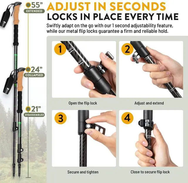Alt view image 6 of 7 - Hiker Hunger Carbon Fiber Trekking Poles | Collapsible Walking Sticks for Travel | Walking Poles for Women | Hiking Poles for Men | Hiking Sticks | Walking Stick - 3k Black & Green Cork