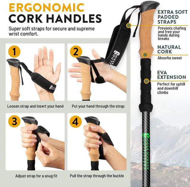 Alt view image 7 of 7 - Hiker Hunger Carbon Fiber Trekking Poles | Collapsible Walking Sticks for Travel | Walking Poles for Women | Hiking Poles for Men | Hiking Sticks | Walking Stick - 3k Black & Green Cork