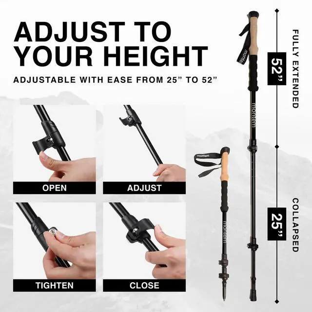 Alt view image 4 of 7 - Ultra Strong Trekking, Walking, and Hiking Poles - One Pair (2 Poles) - Collapsible, Lightweight, Quick Locking, Weather-Resistant and Ultra Durable (Black (EVA Foam Grip))