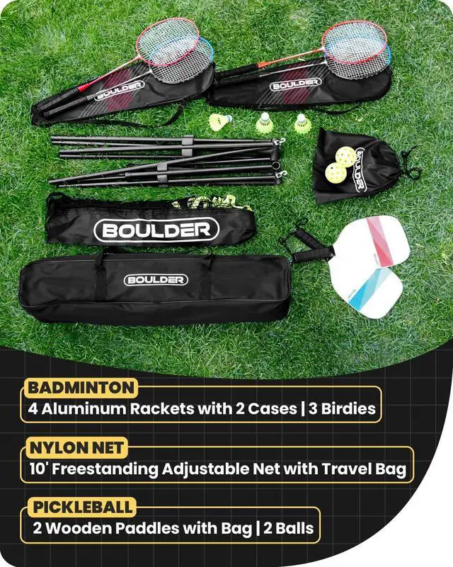Alt view image 2 of 7 - Sports All-in-One Pickleball & Badminton Set - Portable, Adjustable Net with Paddles & Rackets