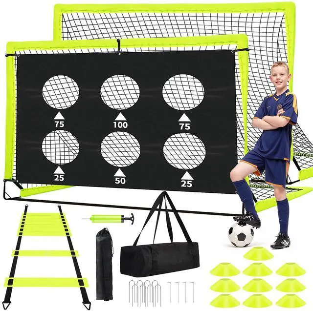 Main image of Kids Soccer Goals for Backyard Set of 2-6x4 ft Portable Pop Up Soccer Nets Training Equipment Baseball Protective Screens with Soccer Ball, Ladder, Cones, Ideal Birthday