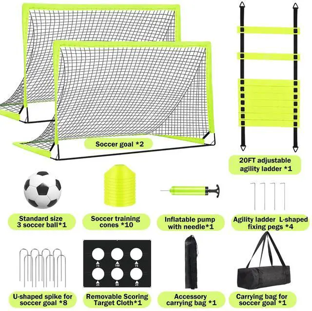 Alt view image 7 of 7 - Kids Soccer Goals for Backyard Set of 2-6x4 ft Portable Pop Up Soccer Nets Training Equipment Baseball Protective Screens with Soccer Ball, Ladder, Cones, Ideal Birthday