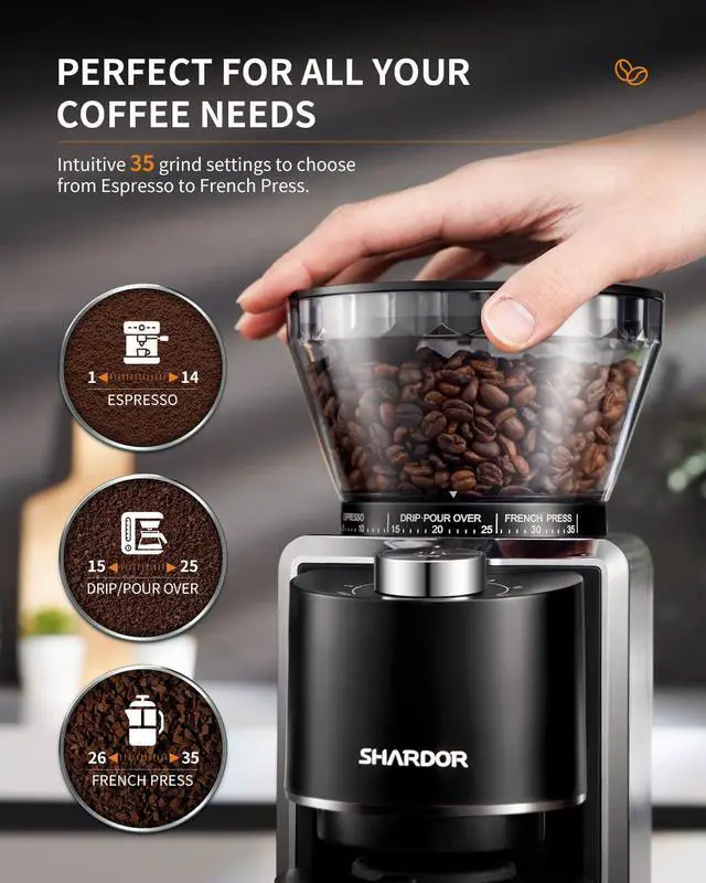 Alt view image 2 of 7 - Conical Burr Coffee Grinder, Electric Coffee Bean Grinder with 35 Grind Settings, Adjustable for 212 Cups, Anti-Static Design, Black