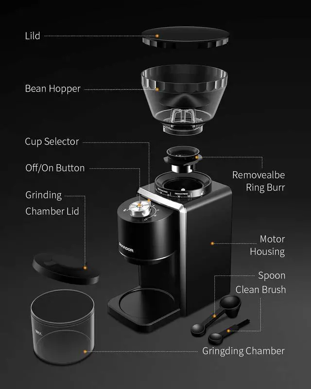 Alt view image 7 of 7 - Conical Burr Coffee Grinder, Electric Coffee Bean Grinder with 35 Grind Settings, Adjustable for 212 Cups, Anti-Static Design, Black