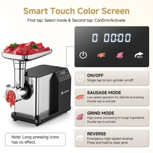 Alt view image 2 of 7 - Electric Meat Grinder w/ 3 Speed Touch Screen Control, 3000W Max | Built-in Storage, 4lbs/min, 3-in-1 for Sausage, Burger & Raw Pet Food for Home Kitchen, LFGB Approved, Easy Cleanup